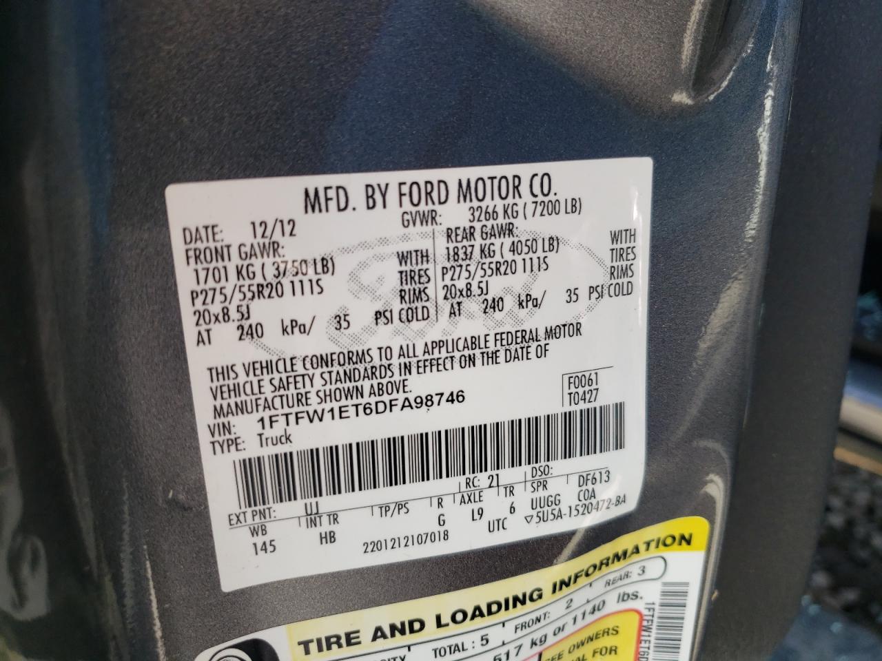 Photo 10 from auction – 2013 FORD F150 SUPER with VIN 1FTFW1ET6DFA98746