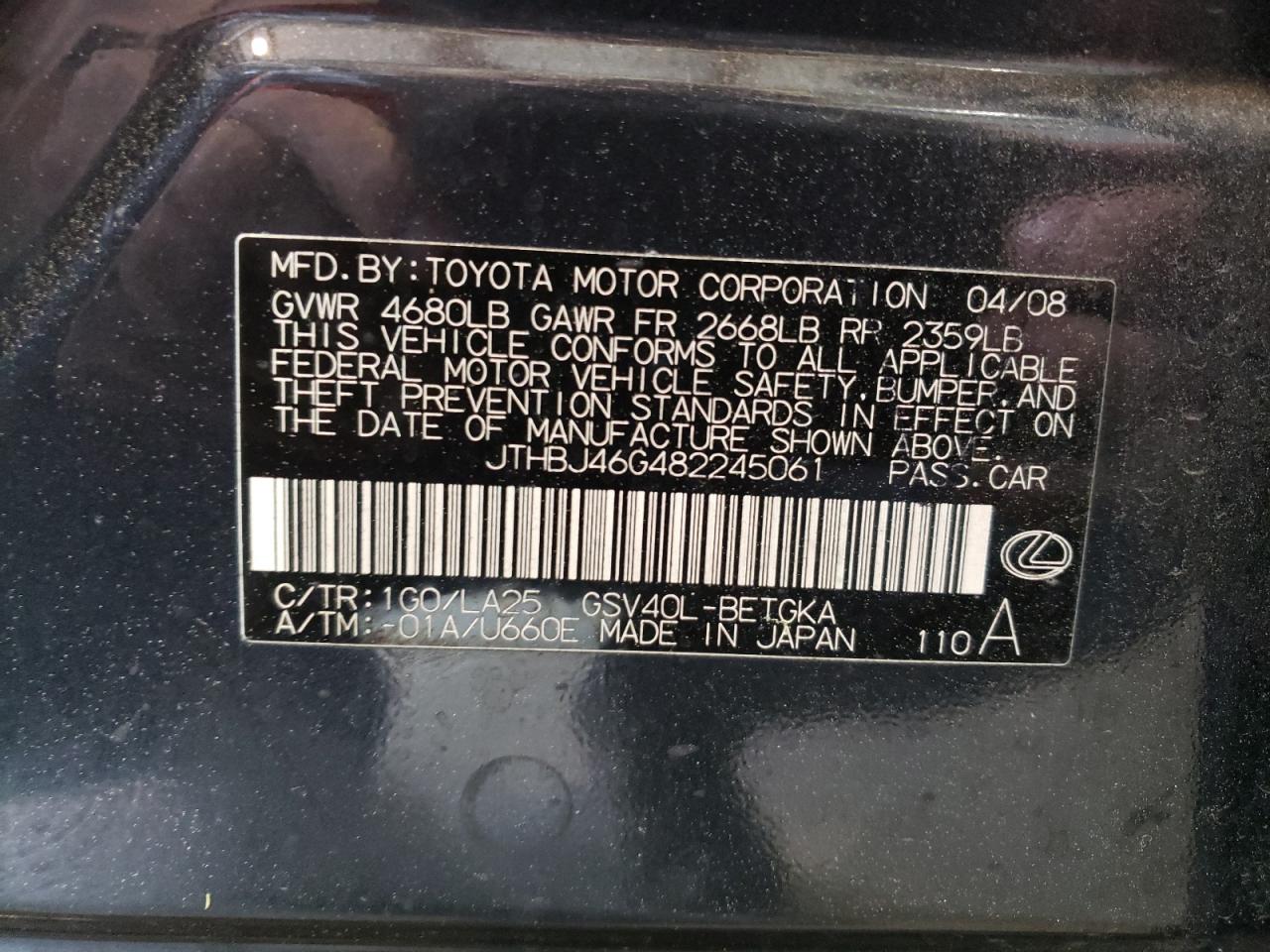 Photo 10 from auction – 2008 LEXUS ES 350 with VIN JTHBJ46G482245061