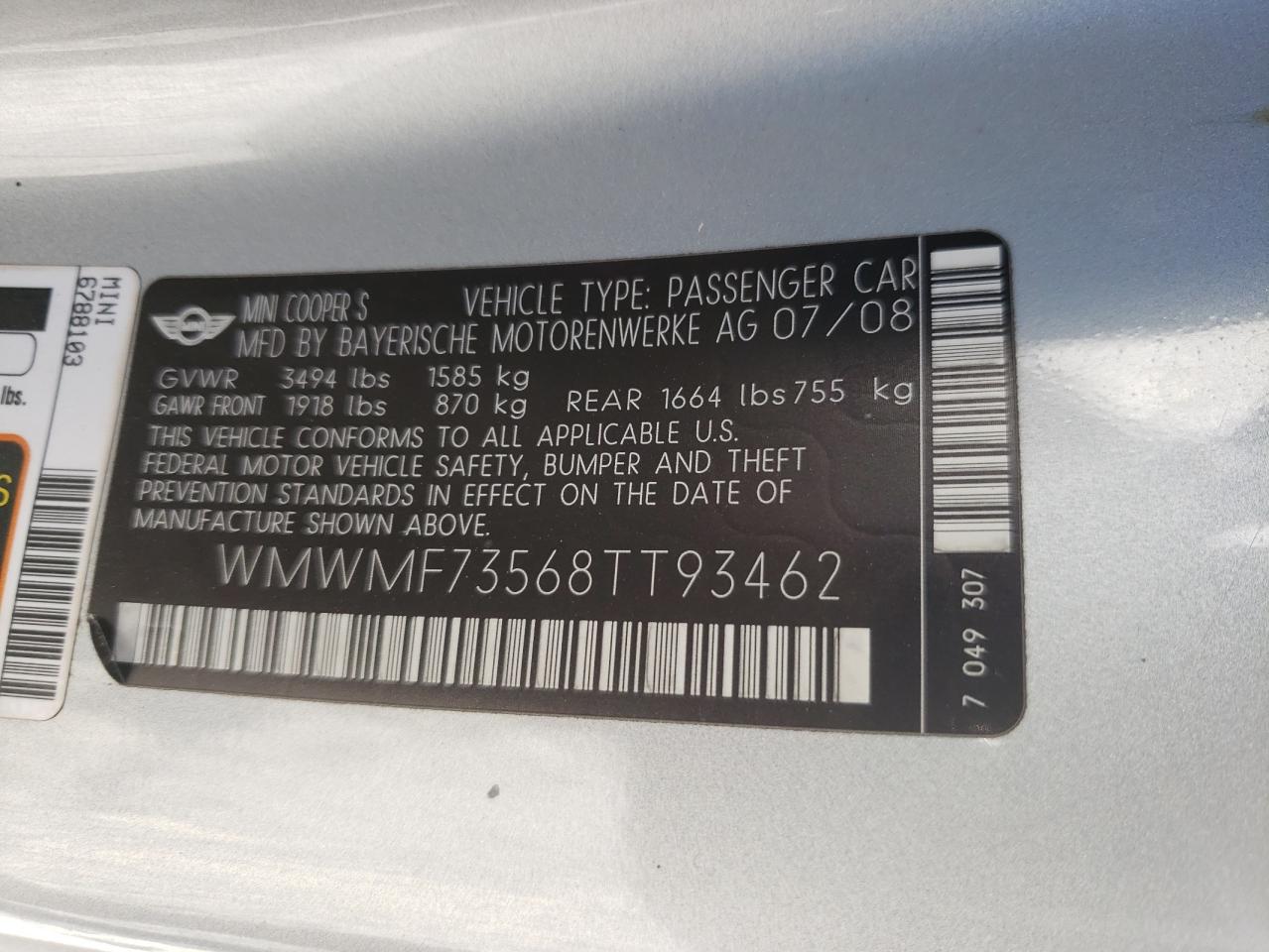 Photo 10 from auction – 2008 MINI COOPER S with VIN WMWMF73568TT93462