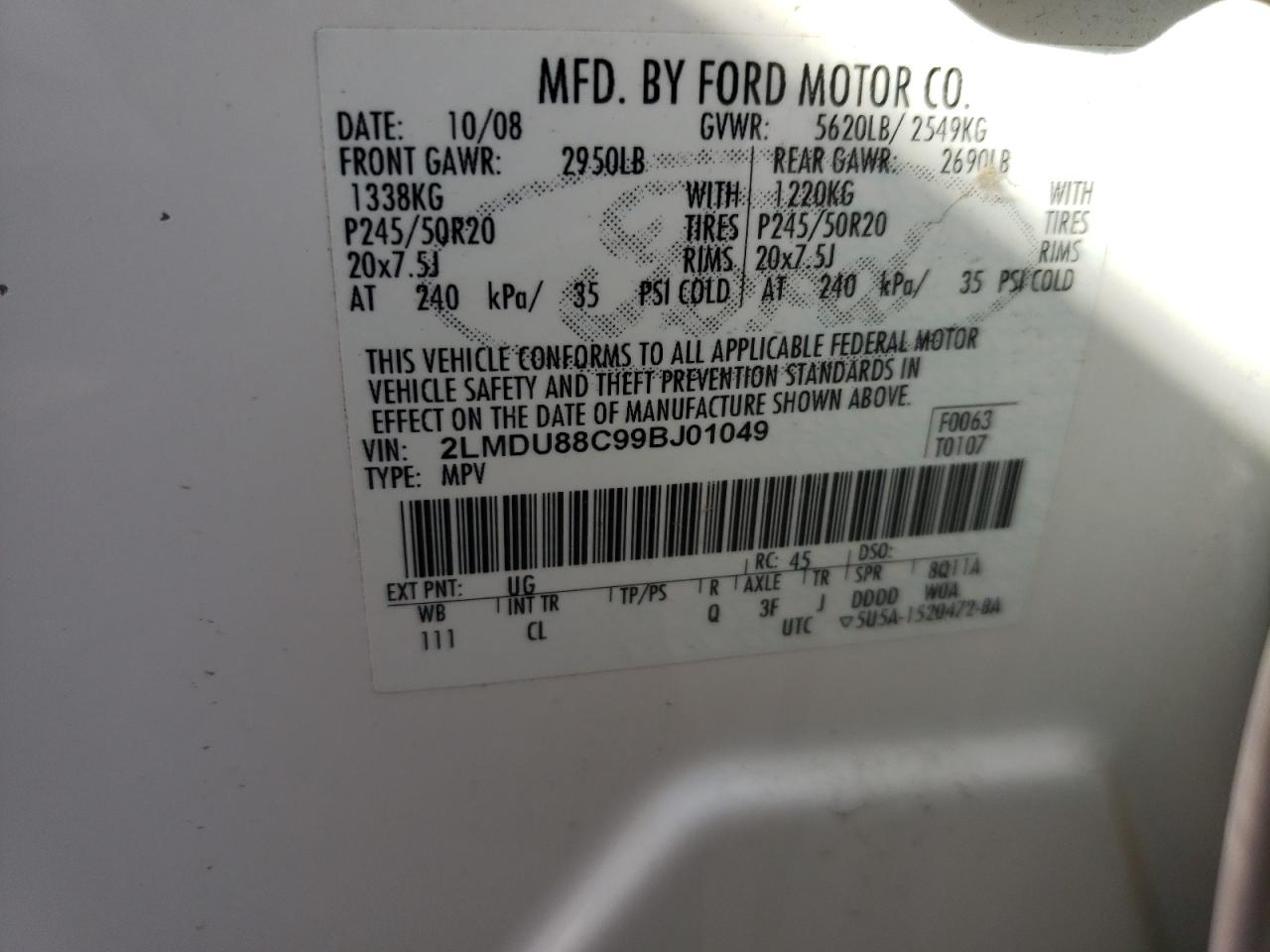 Photo 10 from auction – 2009 LINCOLN MKX with VIN 2LMDU88C99BJ01049