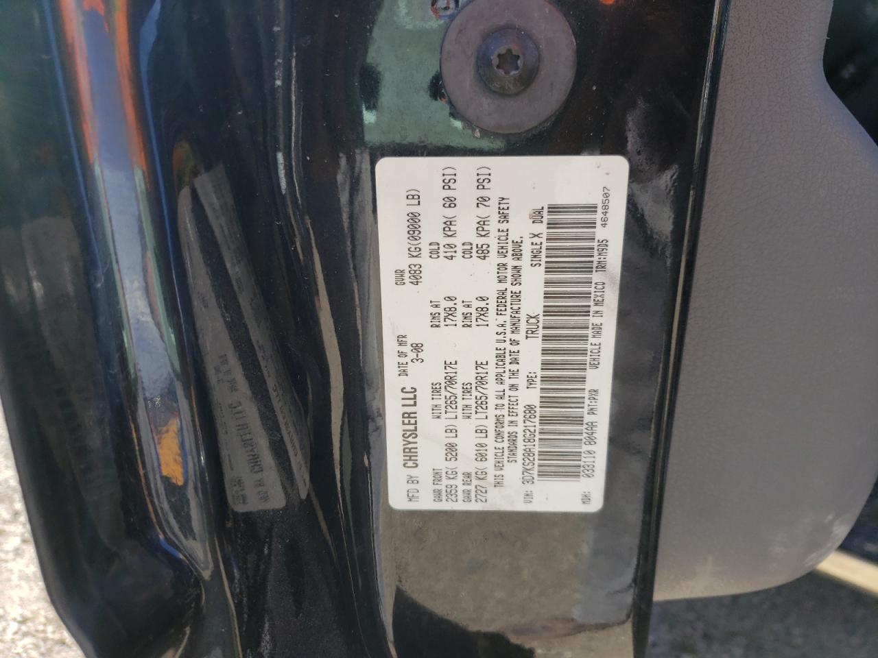 Photo 10 from auction – 2008 DODGE RAM 2500 S with VIN 3D7KS28A18G217680