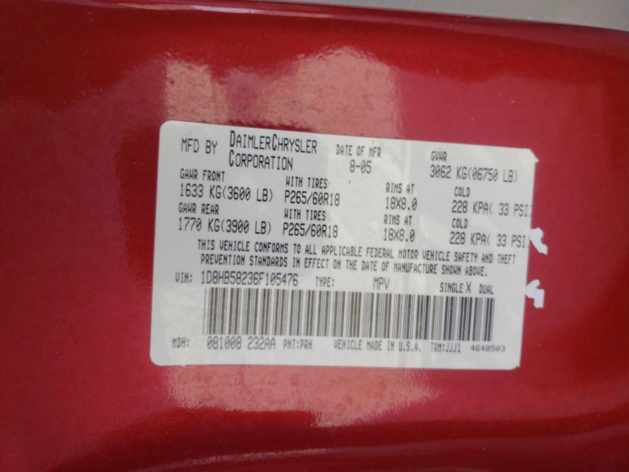 Photo 10 from auction – 2006 DODGE DURANGO LI with VIN 1D8HB58236F105476