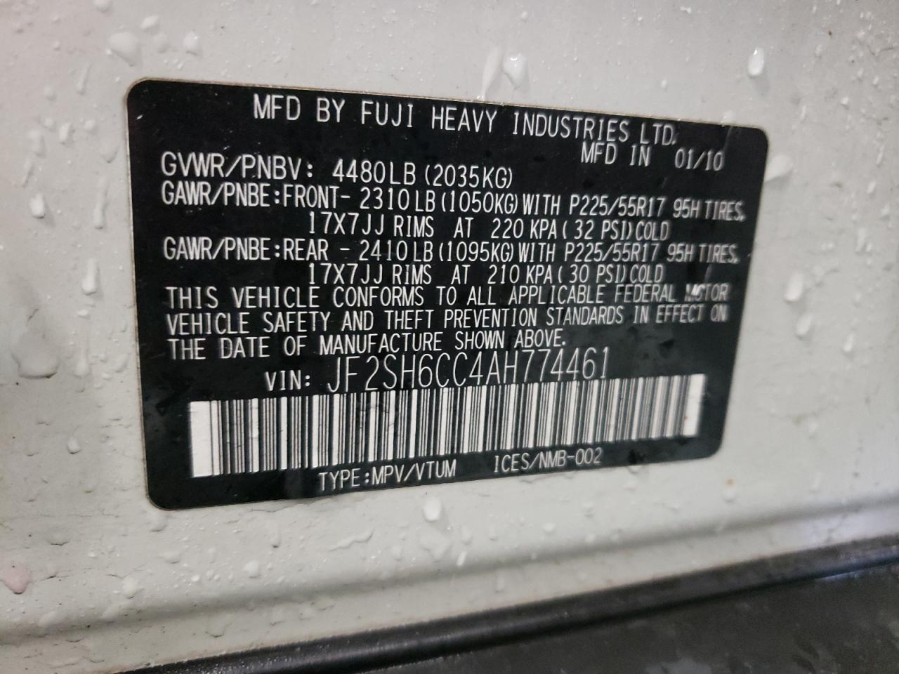 Photo 10 from auction – 2010 SUBARU FORESTER 2 with VIN JF2SH6CC4AH774461