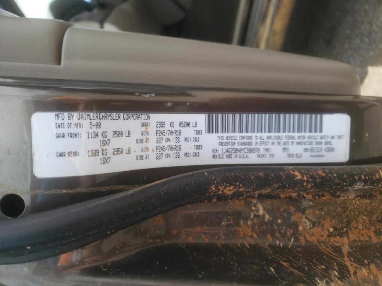 Photo 10 from auction – 2000 JEEP GRAND CHER with VIN 1J4G258N0YC380970