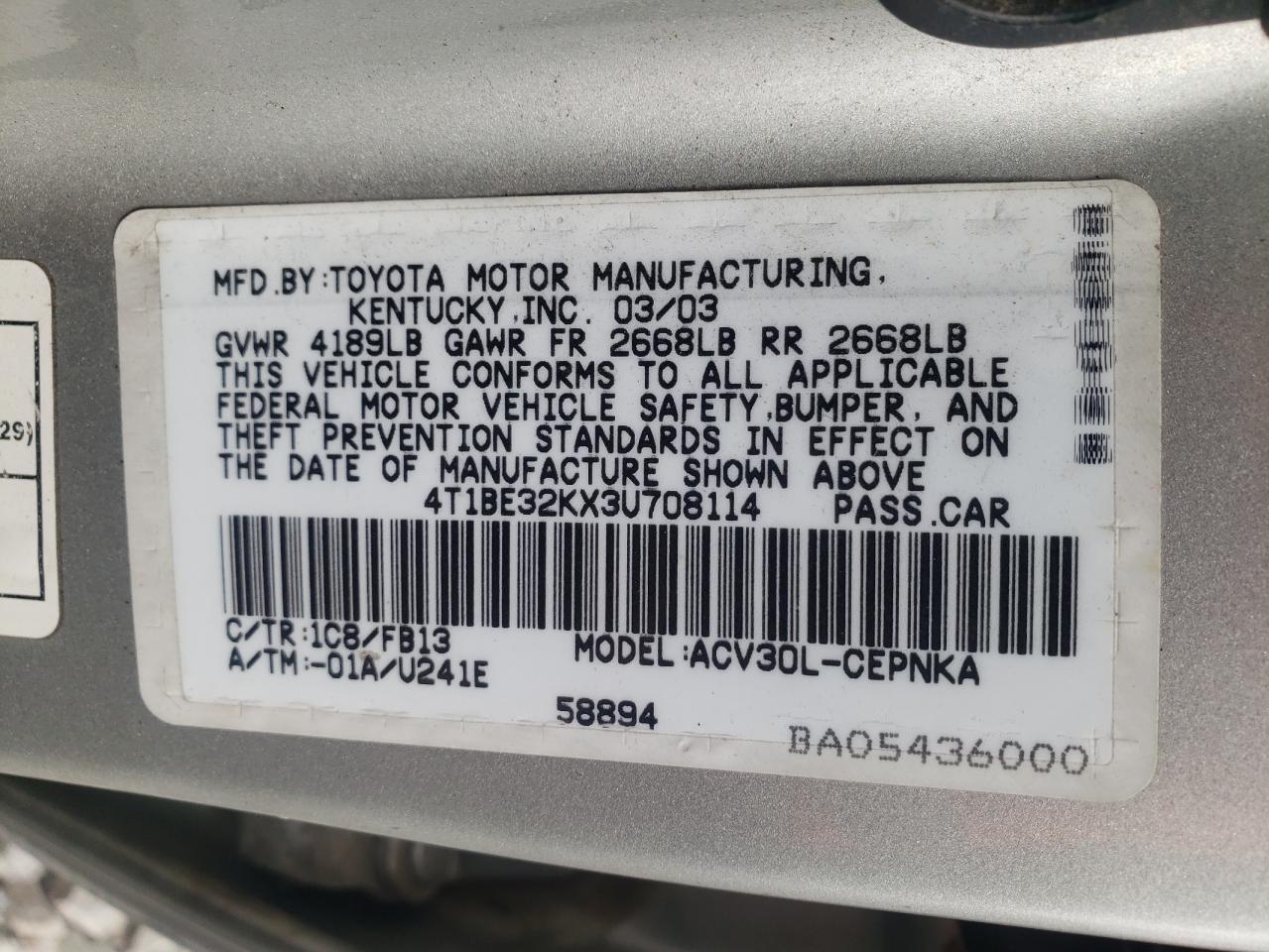 Photo 10 from auction – 2003 TOYOTA CAMRY LE with VIN 4T1BE32KX3U708114
