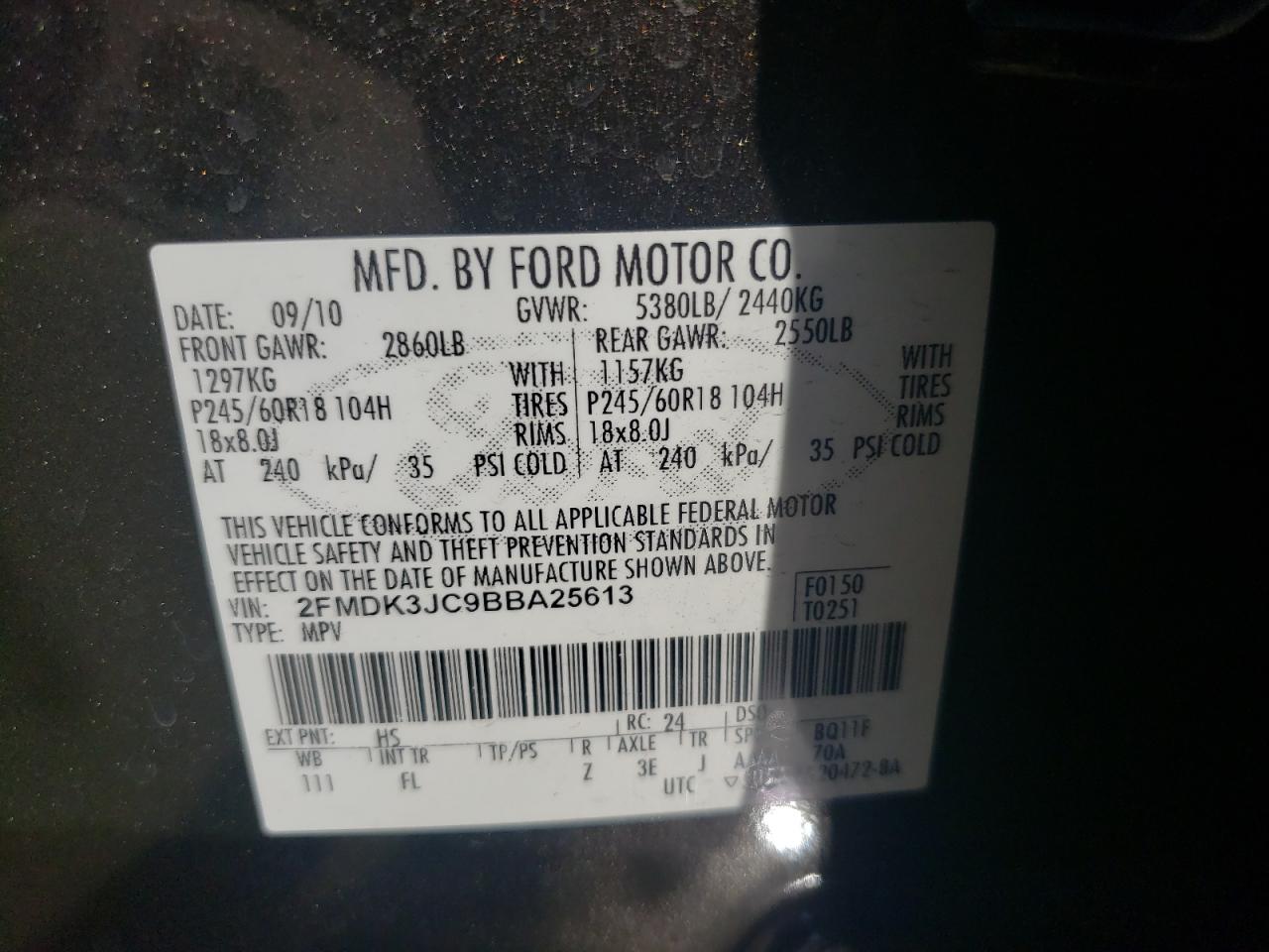 Photo 10 from auction – 2011 FORD EDGE SEL with VIN 2FMDK3JC9BBA25613