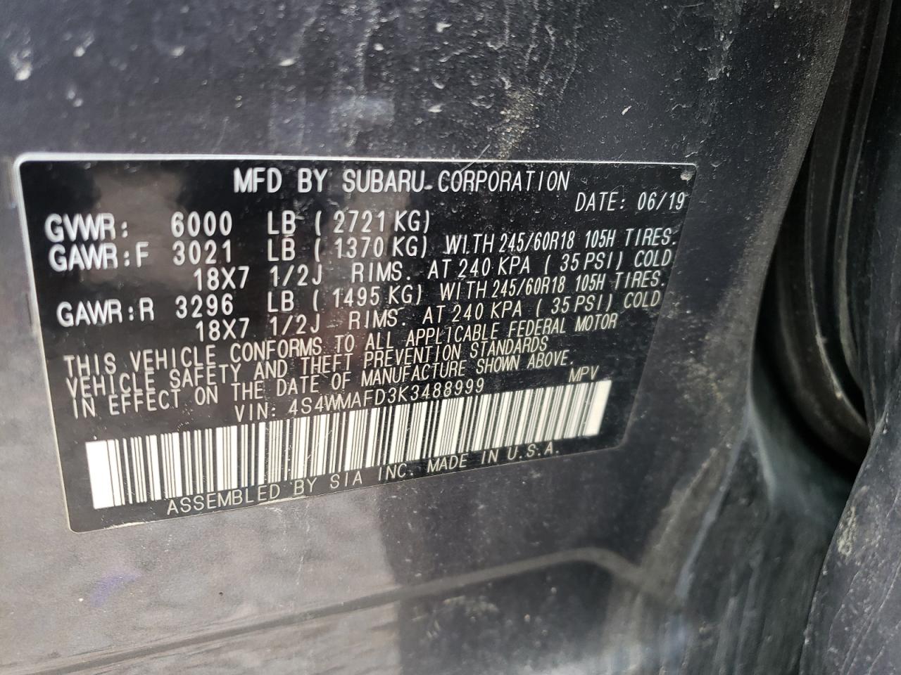 Photo 10 from auction – 2019 SUBARU ASCENT PRE with VIN 4S4WMAFD3K3488999
