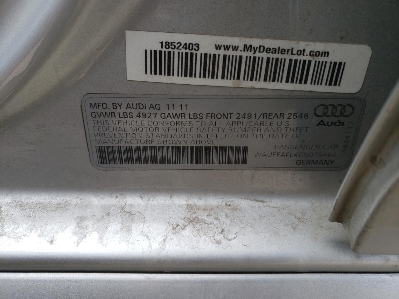 Photo 11 from auction – 2012 AUDI A4 PREMIUM with VIN WAUFFAFL4CN016464