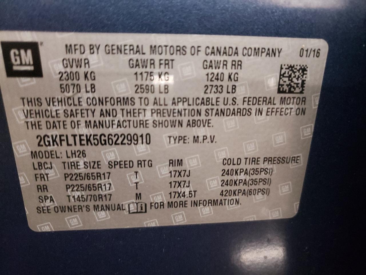 Photo 10 from auction – 2016 GMC TERRAIN SL with VIN 2GKFLTEK5G6229910
