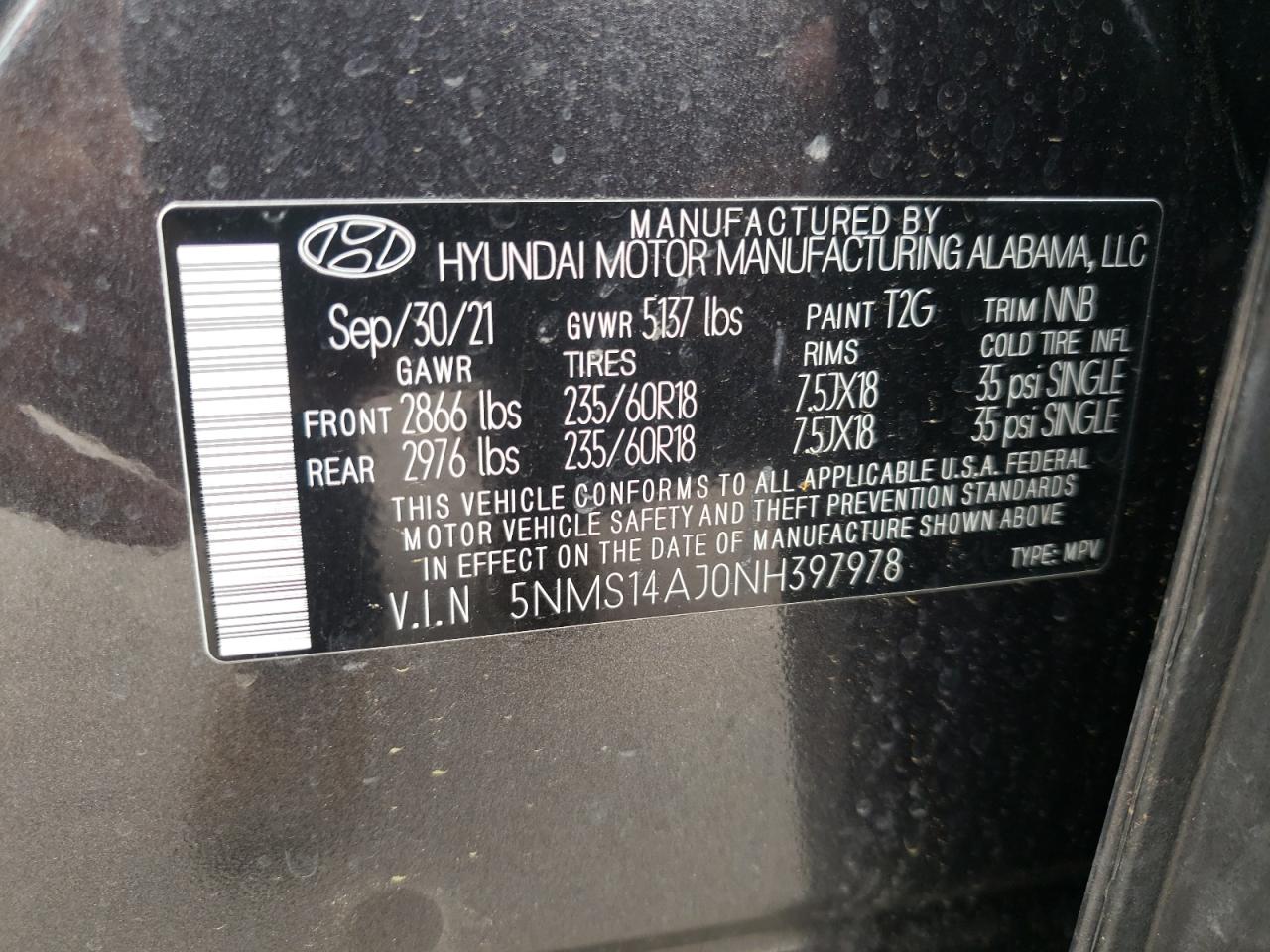 Photo 10 from auction – 2022 HYUNDAI SANTA FE S with VIN 5NMS14AJ0NH397978