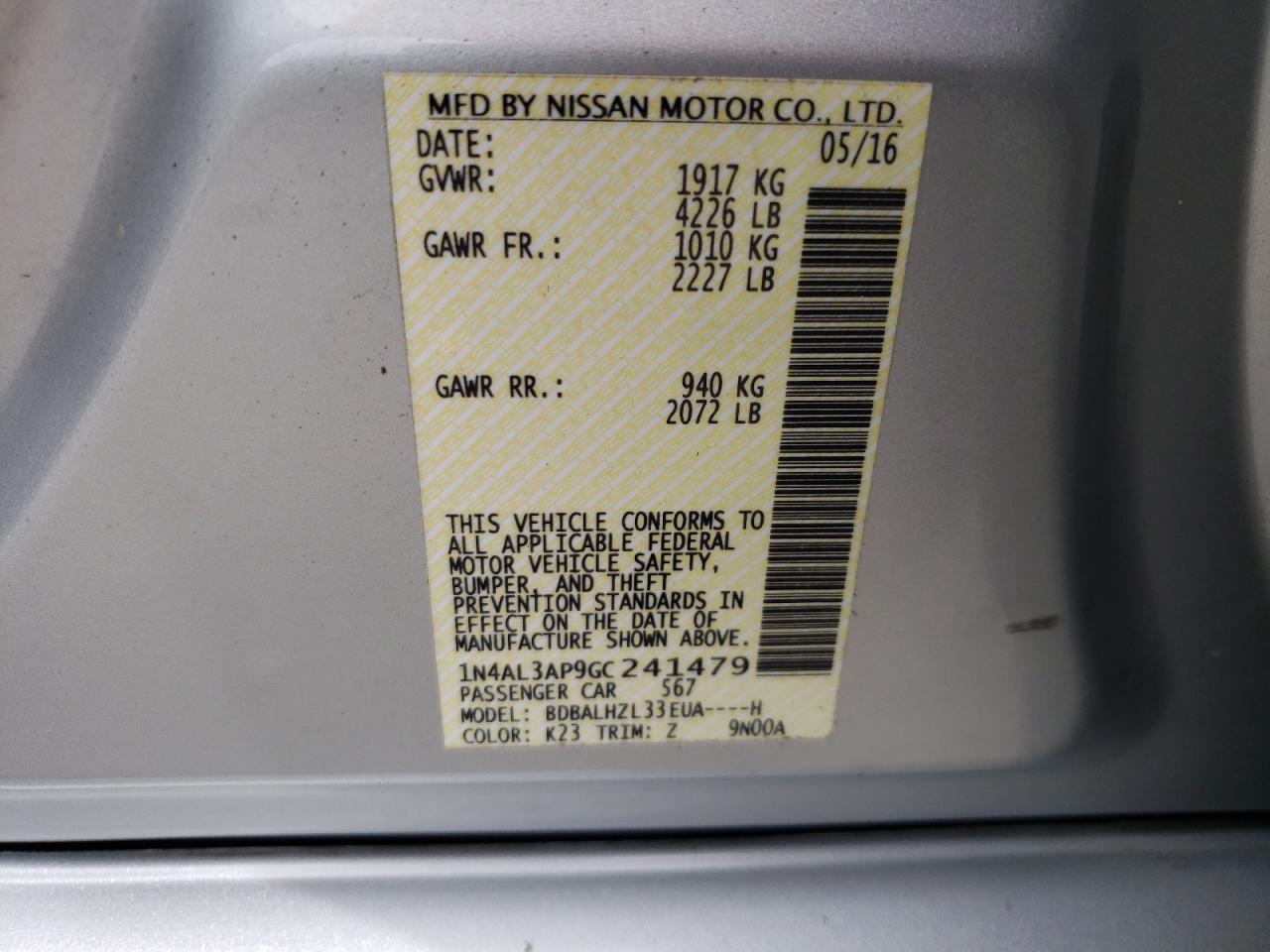 Photo 10 from auction – 2016 NISSAN ALTIMA 2.5 with VIN 1N4AL3AP9GC241479
