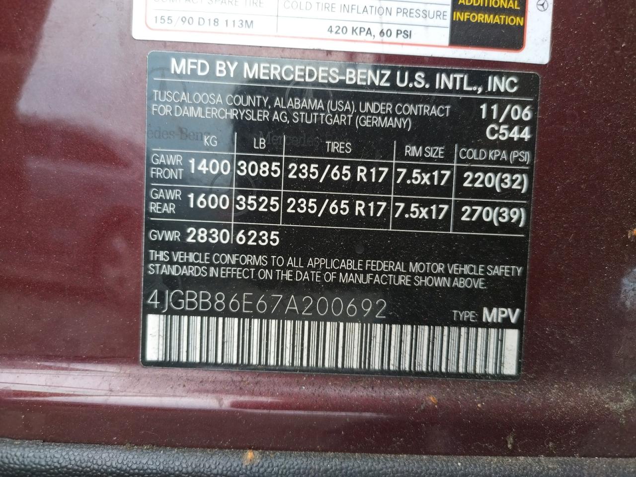 Photo 10 from auction – 2007 MERCEDES-BENZ ML 350 with VIN 4JGBB86E67A200692
