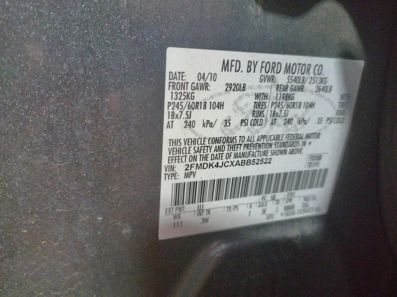 Foto 10 de la subasta – 2010 FORD EDGE SEL con VIN 2FMDK4JCXABB52522