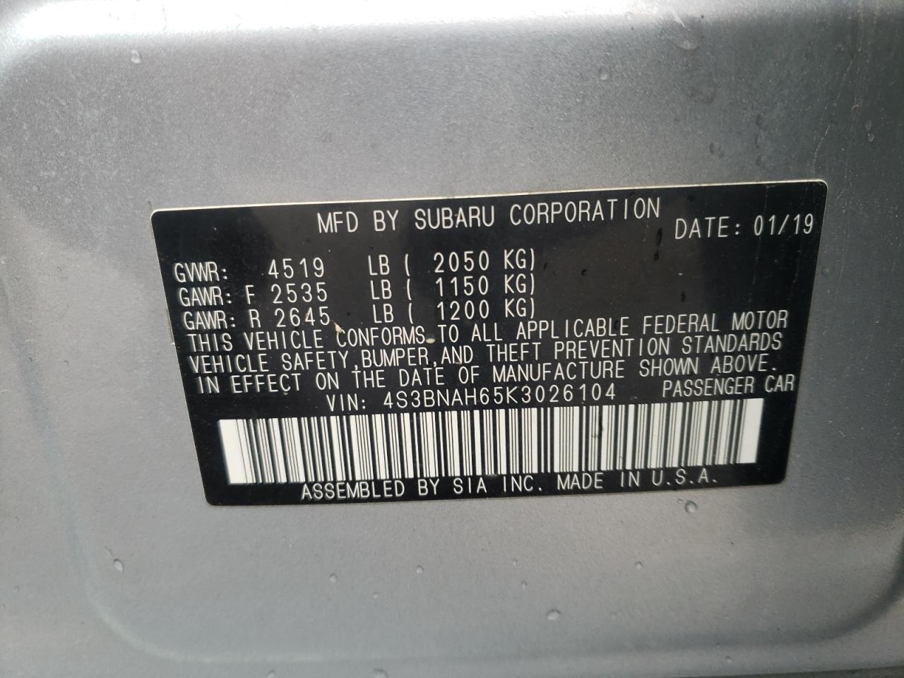 Photo 10 from auction – 2019 SUBARU LEGACY 2.5 with VIN 4S3BNAH65K3026104