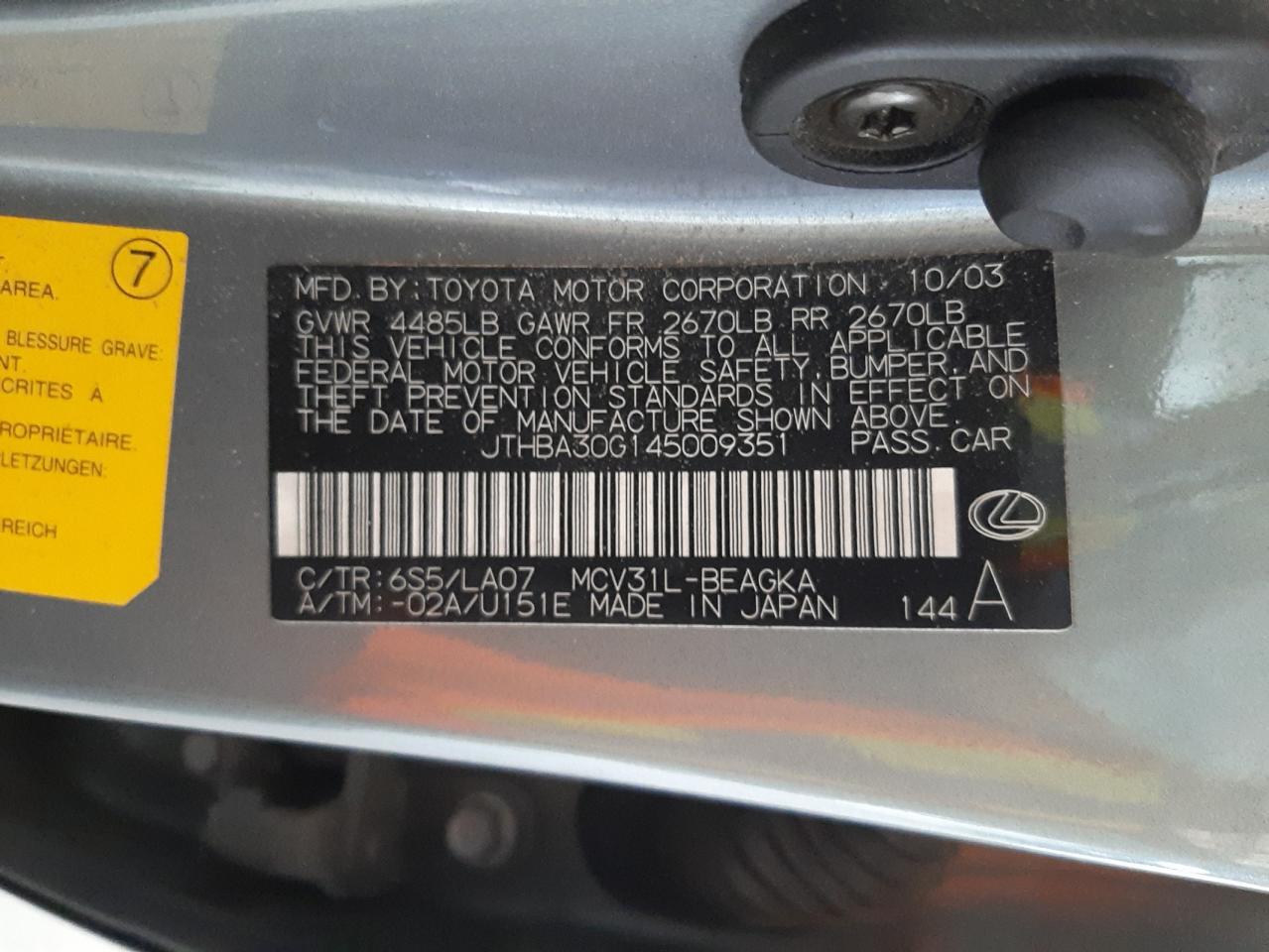 Photo 10 from auction – 2004 LEXUS ES 330 with VIN JTHBA30G145009351