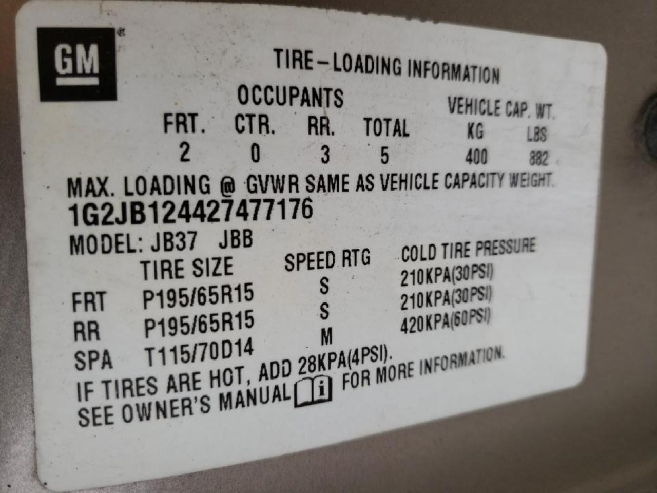 Photo 10 from auction – 2002 PONTIAC SUNFIRE SE with VIN 1G2JB124427477176