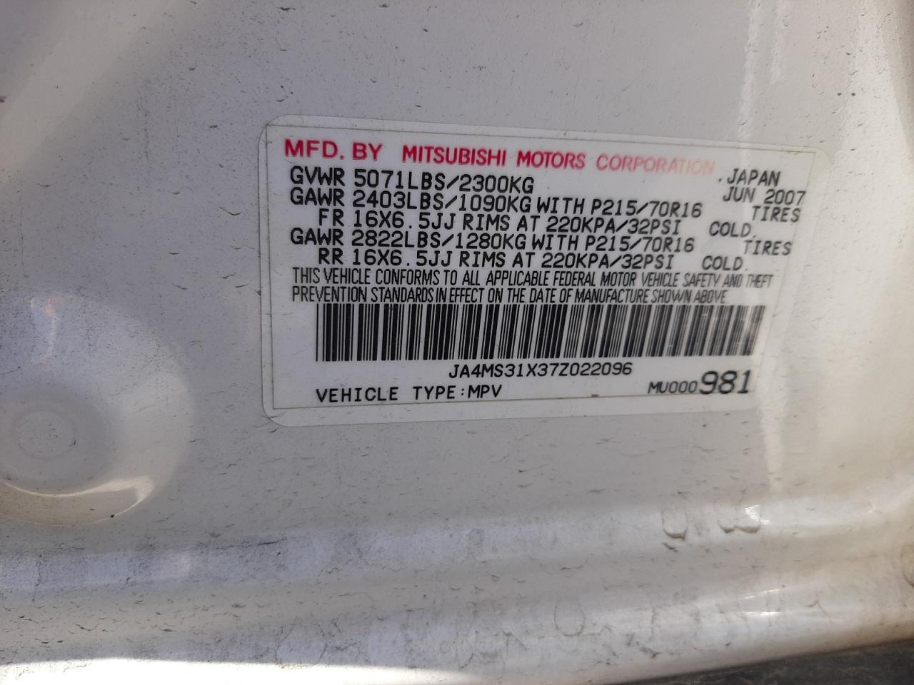 Photo 10 from auction – 2007 MITSUBISHI OUTLANDER with VIN JA4MS31X37Z022096