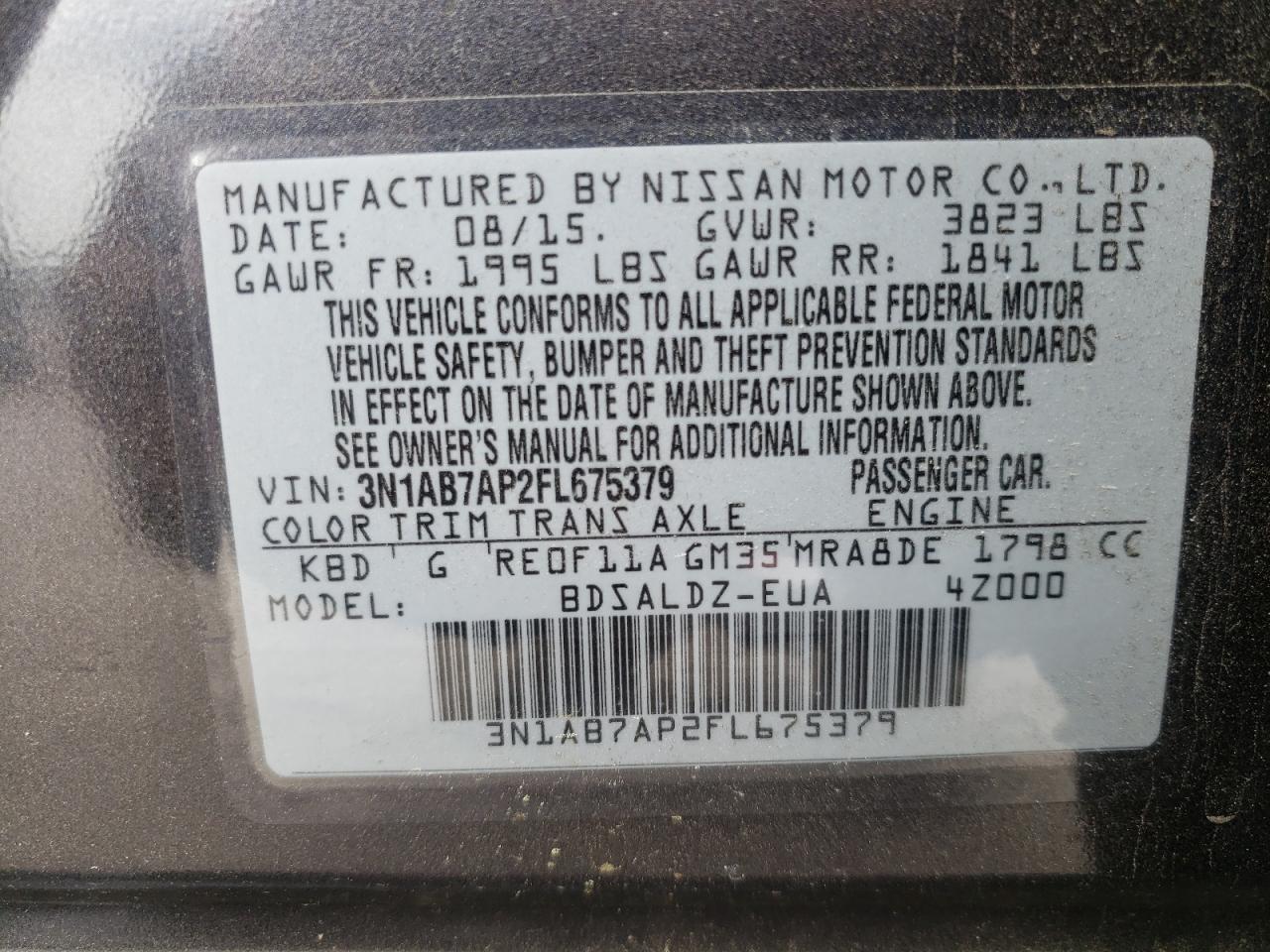 Photo 10 from auction – 2015 NISSAN SENTRA S with VIN 3N1AB7AP2FL675379