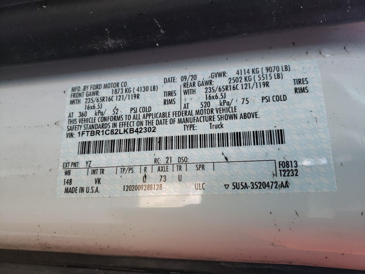 Photo 10 from auction – 2020 FORD TRANSIT with VIN 1FTBR1C82LKB42302