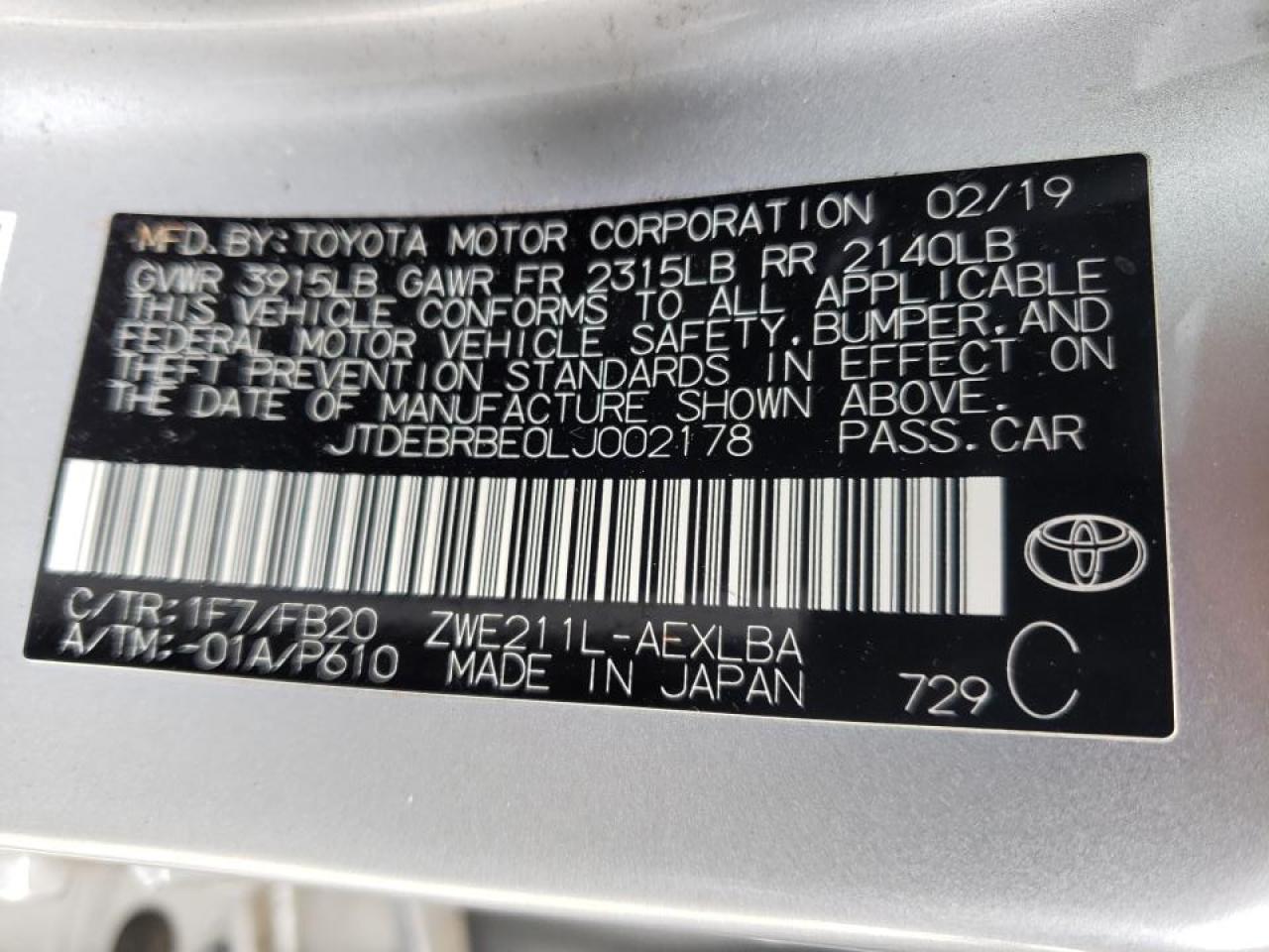 Photo 10 from auction – 2020 TOYOTA COROLLA LE with VIN JTDEBRBE0LJ002178