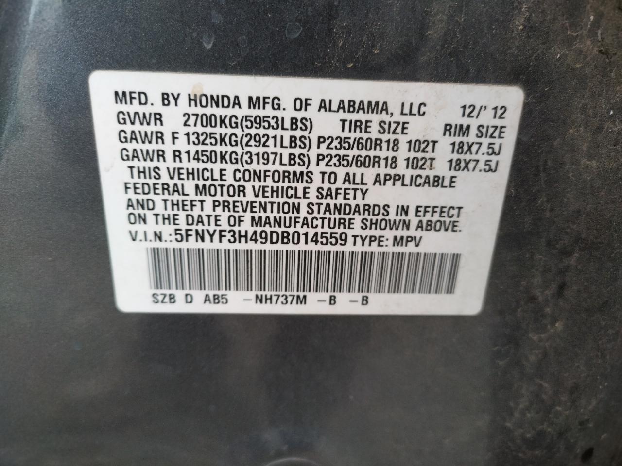 Photo 10 from auction – 2013 HONDA PILOT EX with VIN 5FNYF3H49DB014559