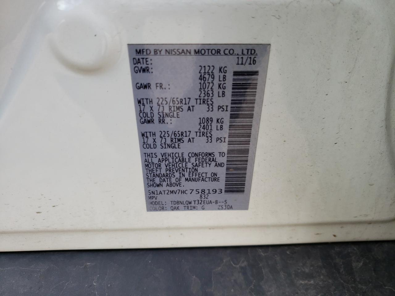 Photo 10 from auction – 2017 NISSAN ROGUE with VIN 5N1AT2MV7HC758193