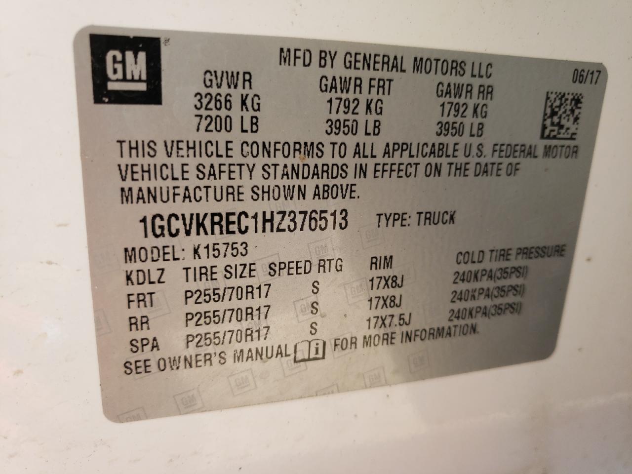 Photo 10 from auction – 2017 CHEVROLET SILVERADO with VIN 1GCVKREC1HZ376513