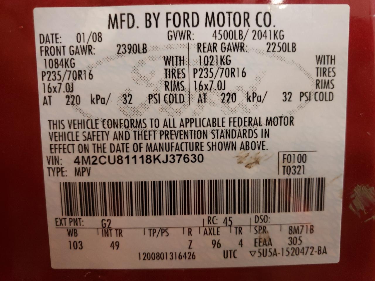 Photo 10 from auction – 2008 MERCURY MARINER with VIN 4M2CU81118KJ37630