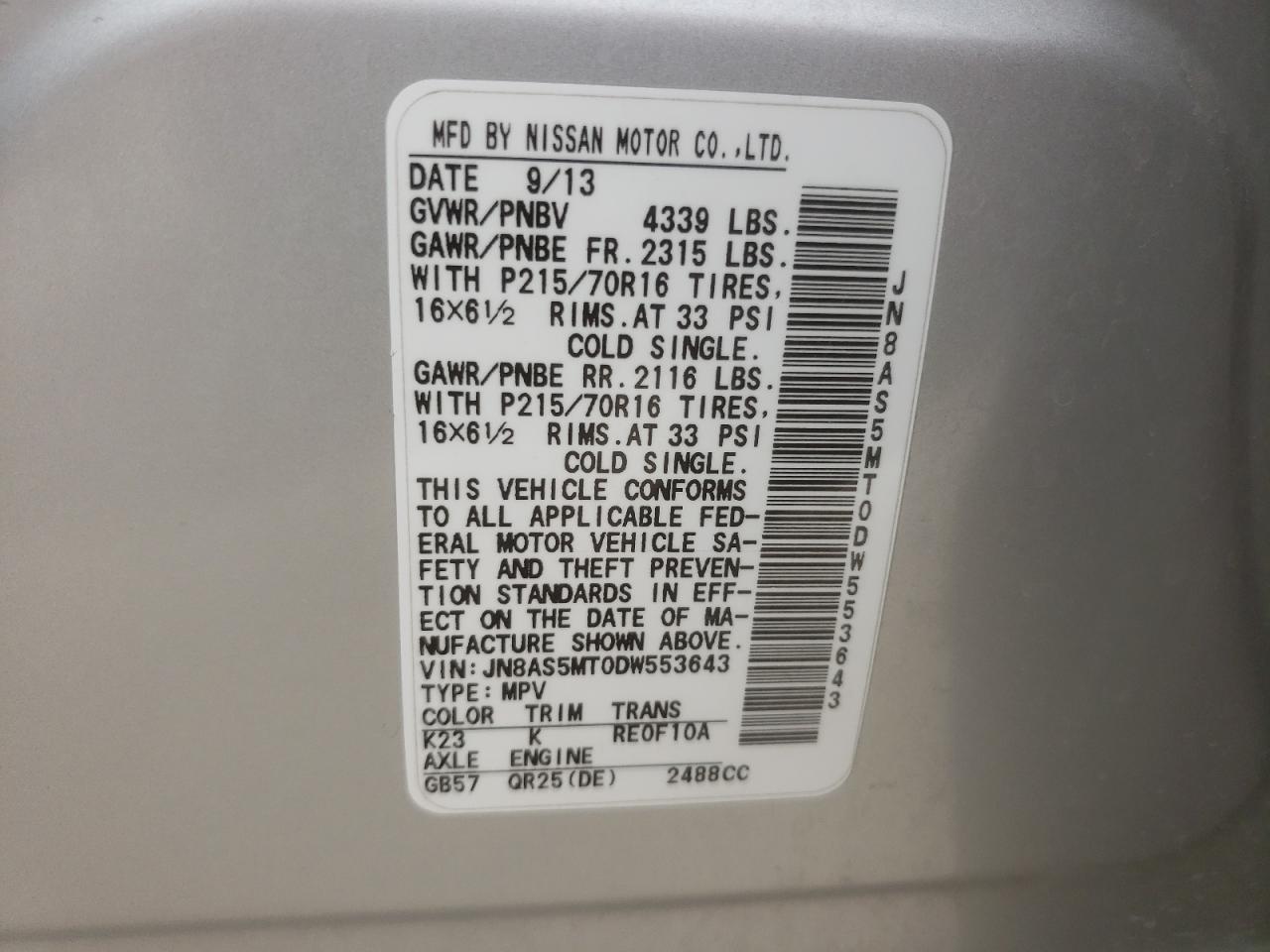Photo 10 from auction – 2013 NISSAN ROGUE S with VIN JN8AS5MT0DW553643