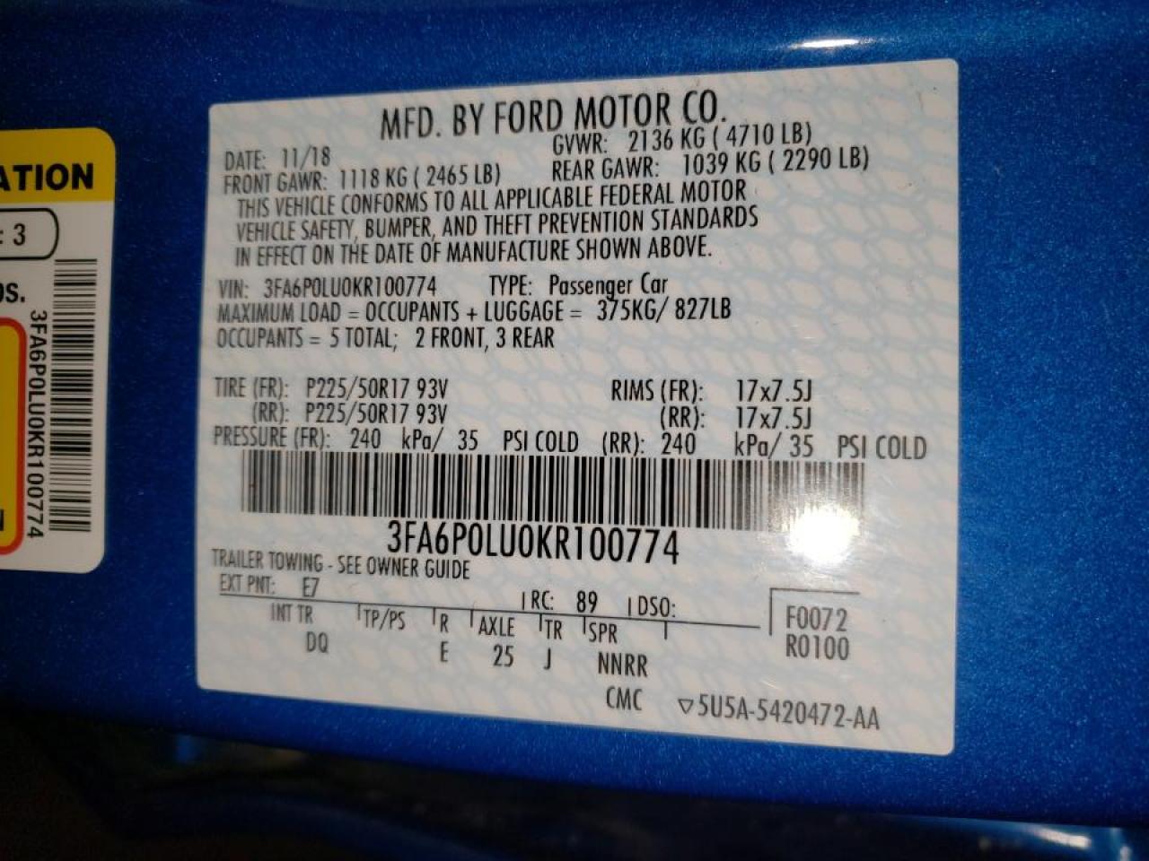 Photo 10 from auction – 2019 FORD FUSION SE with VIN 3FA6P0LU0KR100774