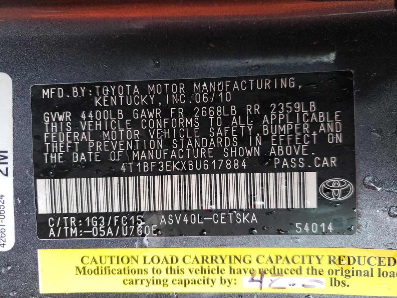 Photo 10 from auction – 2011 TOYOTA CAMRY BASE with VIN 4T1BF3EKXBU617884