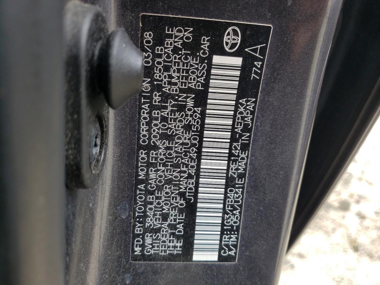 Photo 10 from auction – 2009 TOYOTA COROLLA BA with VIN JTDBL40E49J015594