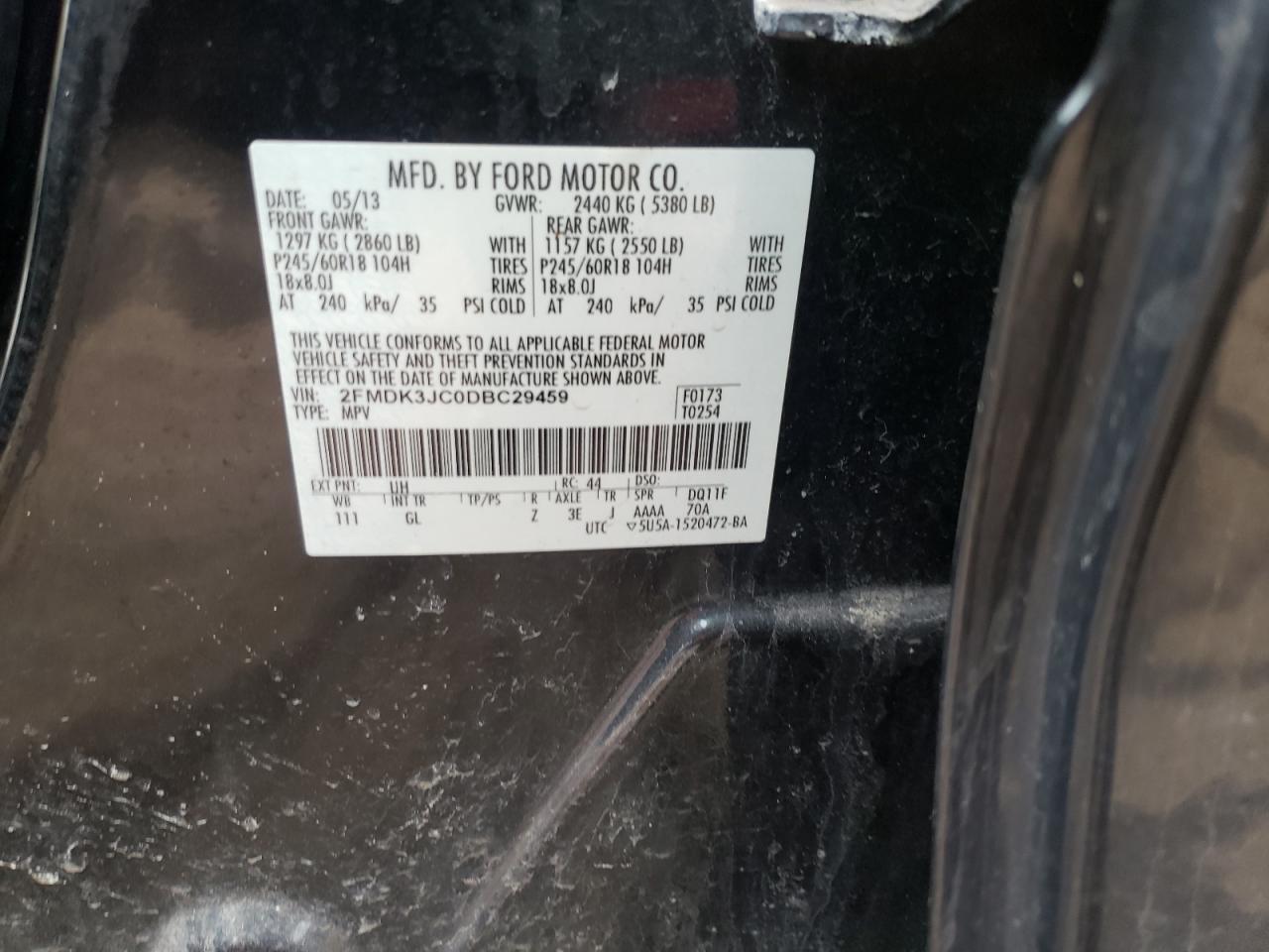 Photo 10 from auction – 2013 FORD EDGE SEL with VIN 2FMDK3JC0DBC29459