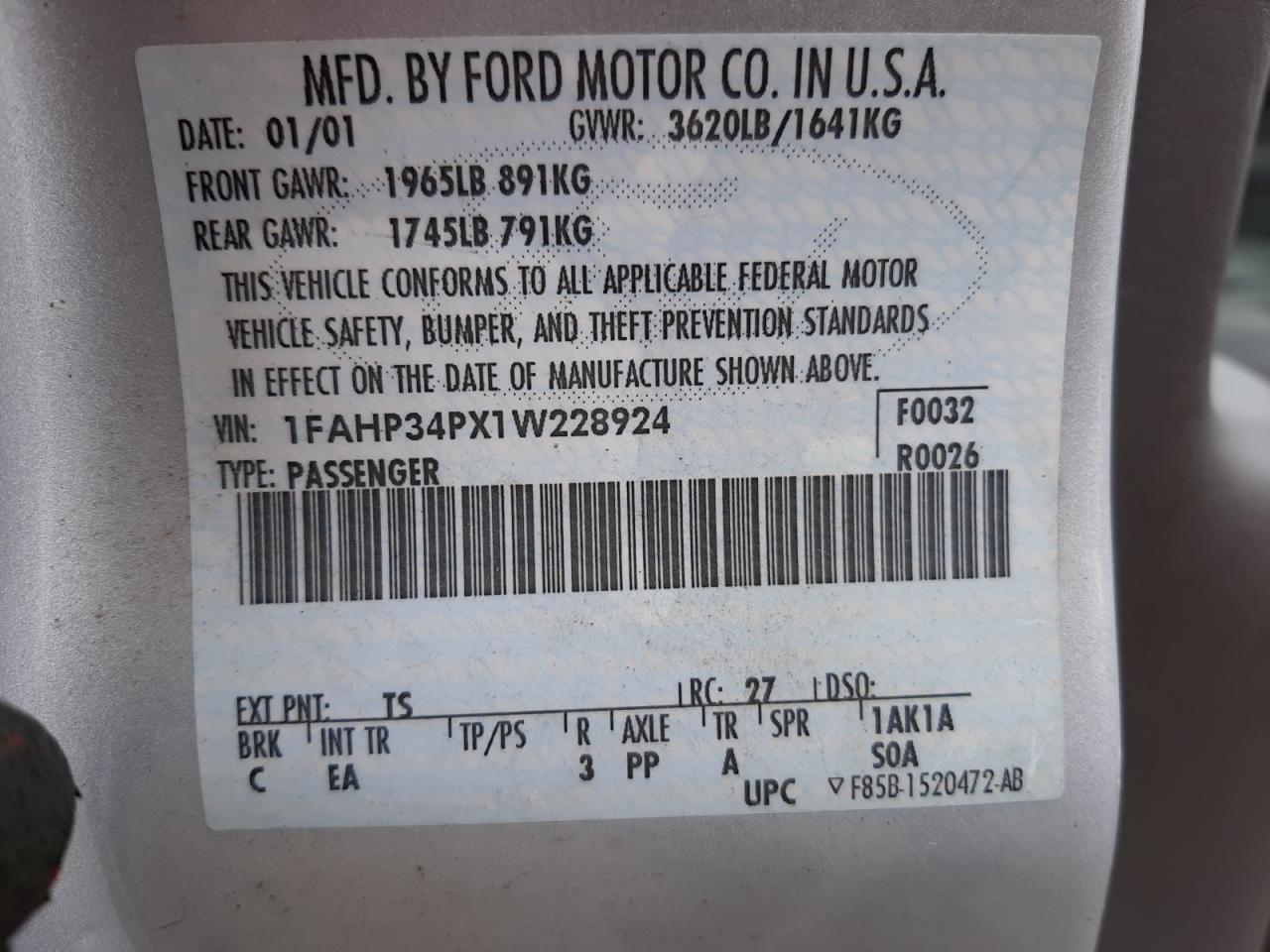 Photo 10 from auction – 2001 FORD FOCUS SE with VIN 1FAHP34PX1W228924