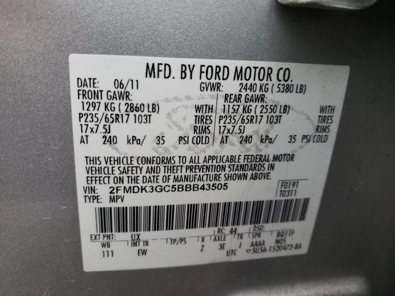 Photo 10 from auction – 2011 FORD EDGE SE with VIN 2FMDK3GC5BBB43505