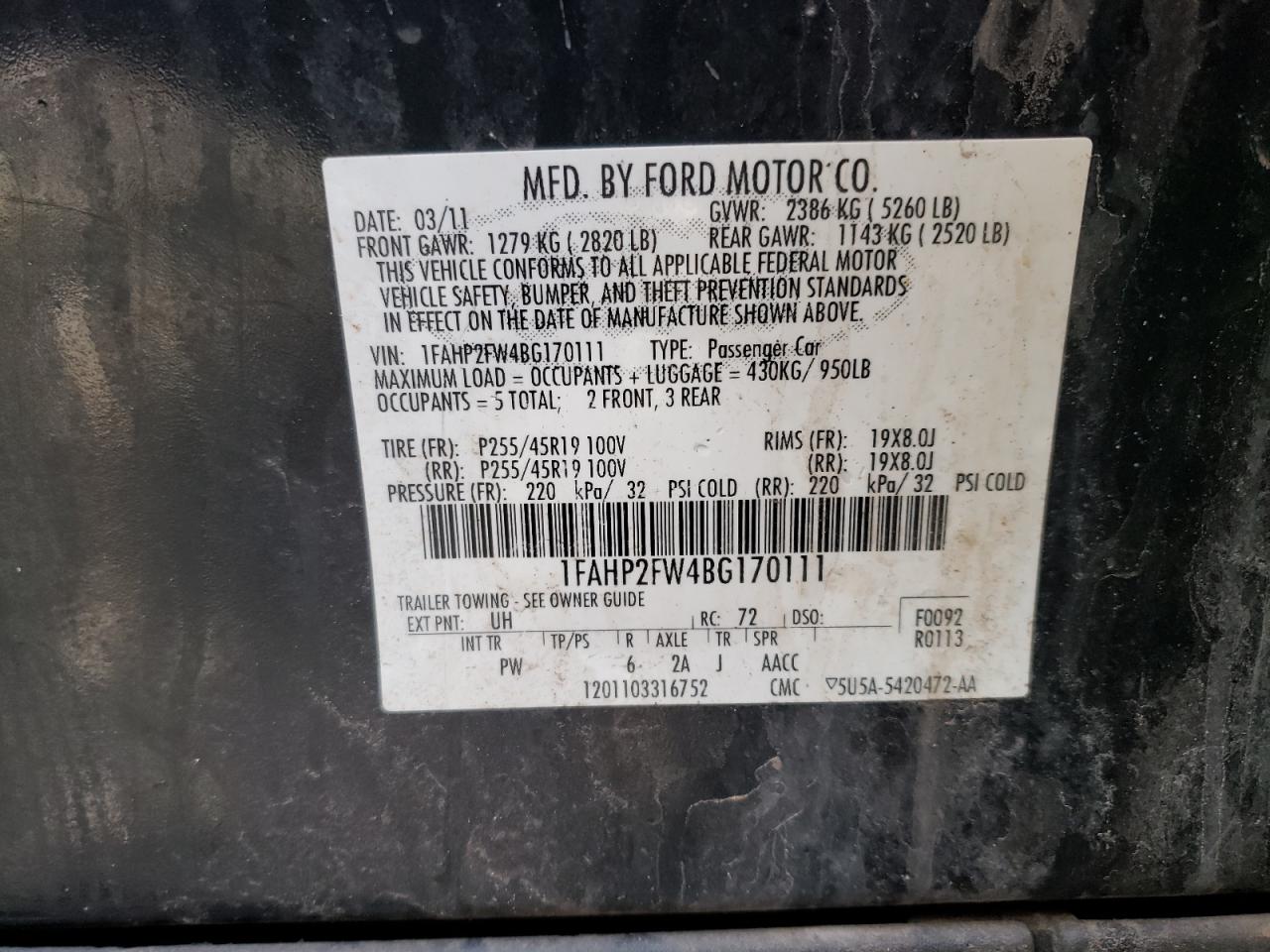 Photo 10 from auction – 2011 FORD TAURUS LIM with VIN 1FAHP2FW4BG170111