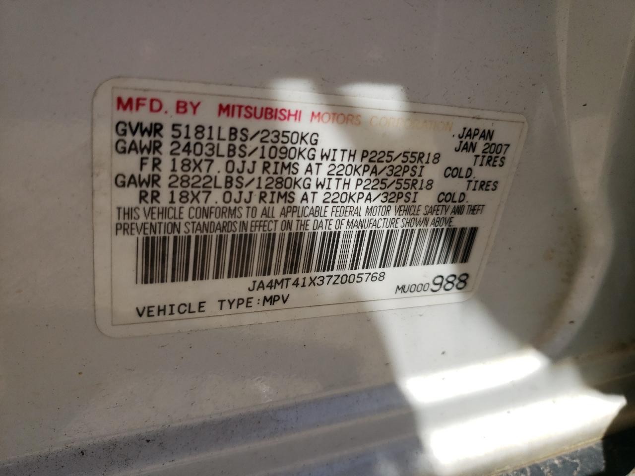 Photo 10 from auction – 2007 MITSUBISHI OUTLANDER with VIN JA4MT41X37Z005768