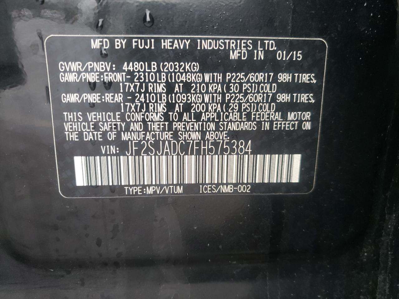 Photo 10 from auction – 2015 SUBARU FORESTER 2 with VIN JF2SJADC7FH575384