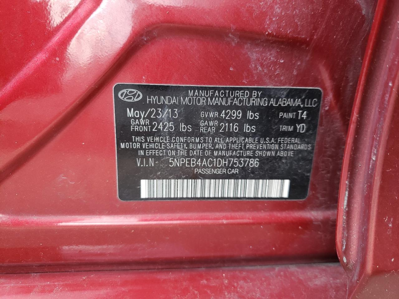 Photo 10 from auction – 2013 HYUNDAI SONATA GLS with VIN 5NPEB4AC1DH753786