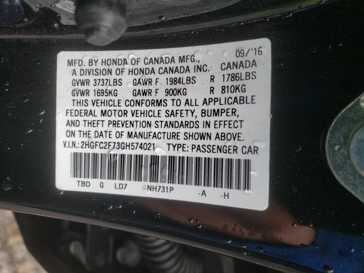 Photo 10 from auction – 2016 HONDA CIVIC EX with VIN 2HGFC2F73GH574021