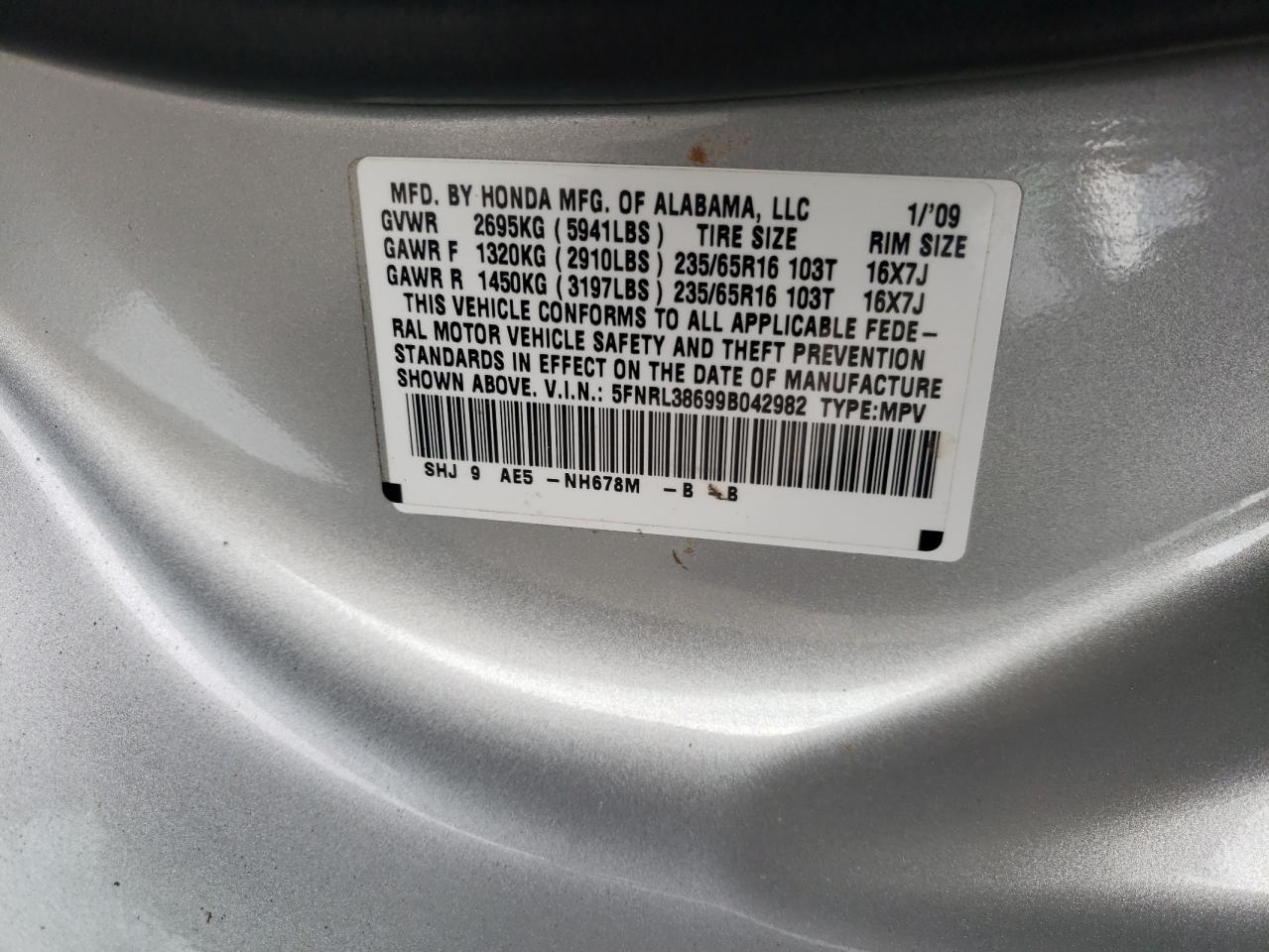 Photo 10 from auction – 2009 HONDA ODYSSEY EX with VIN 5FNRL38699B042982