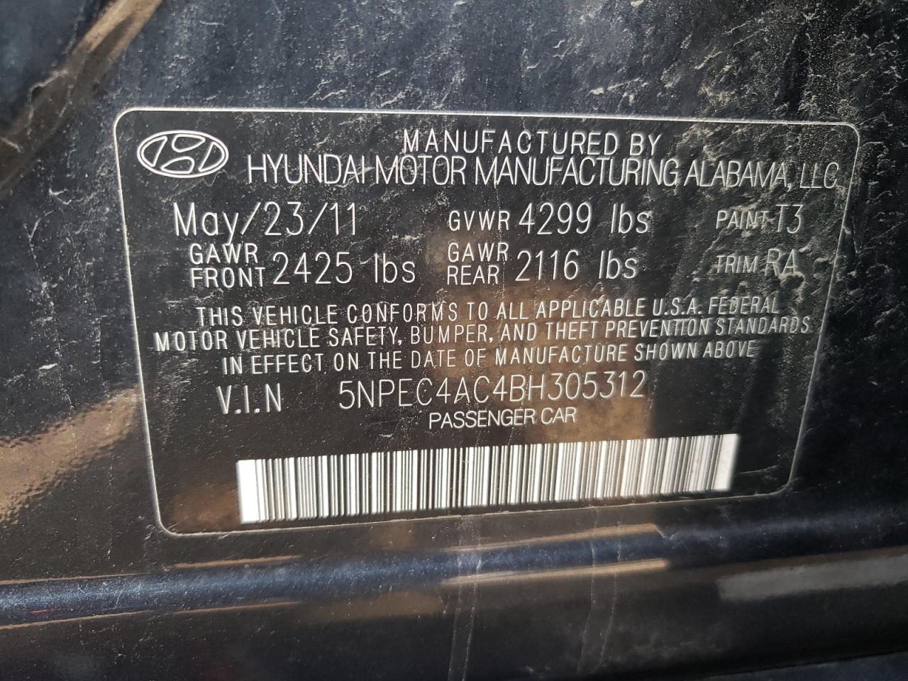 Photo 10 from auction – 2011 HYUNDAI SONATA SE with VIN 5NPEC4AC4BH305312