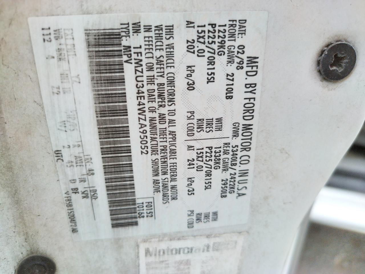 Photo 10 from auction – 1998 FORD EXPLORER with VIN 1FMZU34E4WZA95052