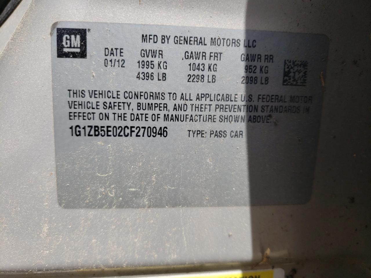 Photo 10 from auction – 2012 CHEVROLET MALIBU LS with VIN 1G1ZB5E02CF270946