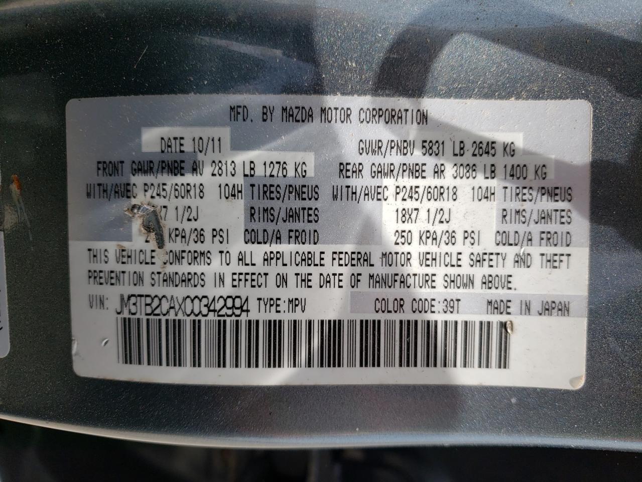 Photo 10 from auction – 2012 MAZDA CX-9 with VIN JM3TB2CAXC0342994