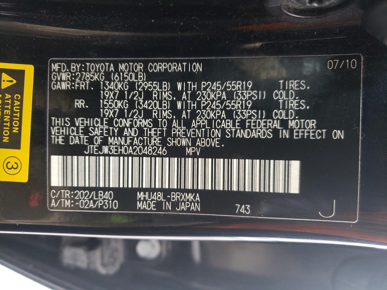 Foto 10 de la subasta – 2010 TOYOTA HIGHLANDER con VIN JTEJW3EH0A2048246