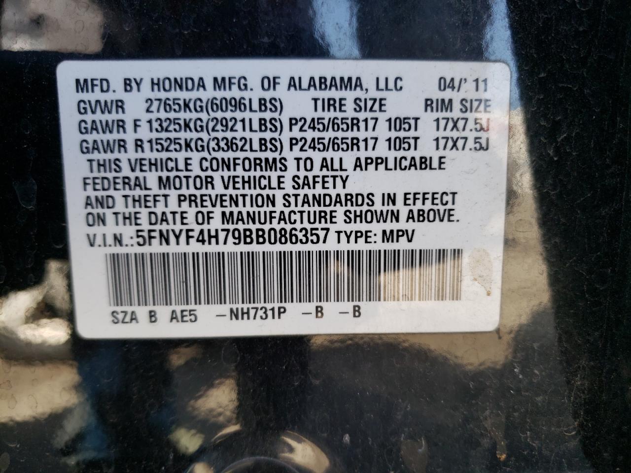 Photo 10 from auction – 2011 HONDA PILOT EXLN with VIN 5FNYF4H79BB086357