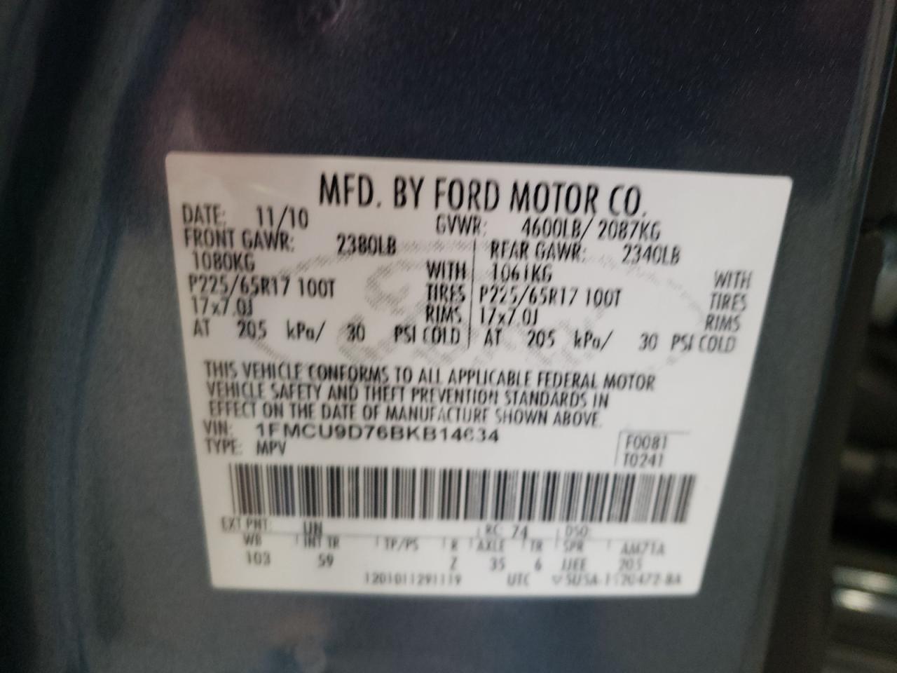 Photo 10 from auction – 2011 FORD ESCAPE XLT with VIN 1FMCU9D76BKB14634