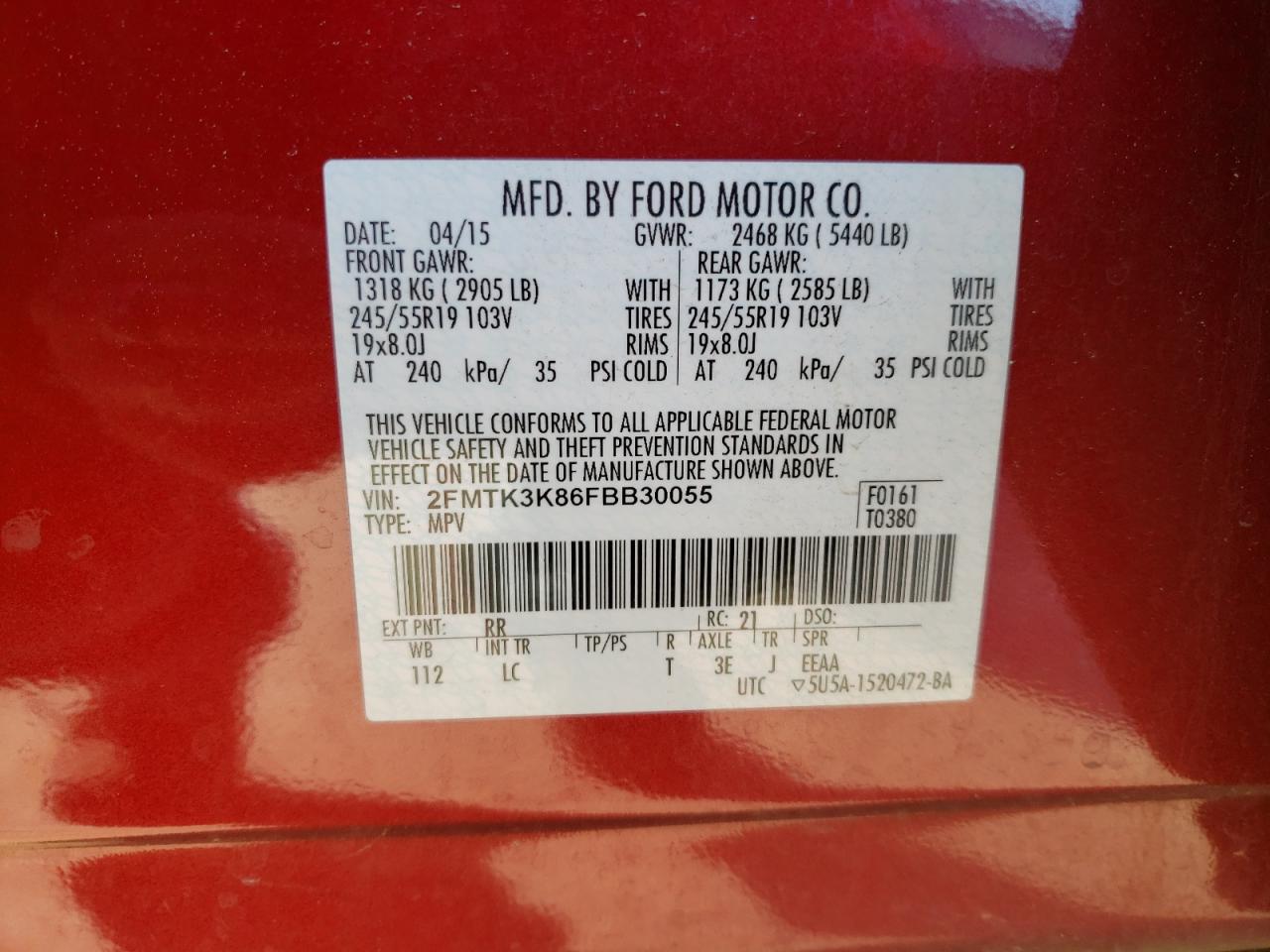 Photo 11 from auction – 2015 FORD EDGE TITAN with VIN 2FMTK3K86FBB30055