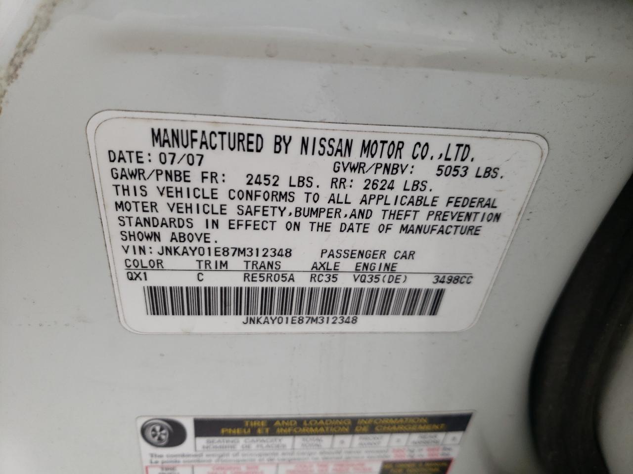 Photo 10 from auction – 2007 INFINITI M35 BASE with VIN JNKAY01E87M312348